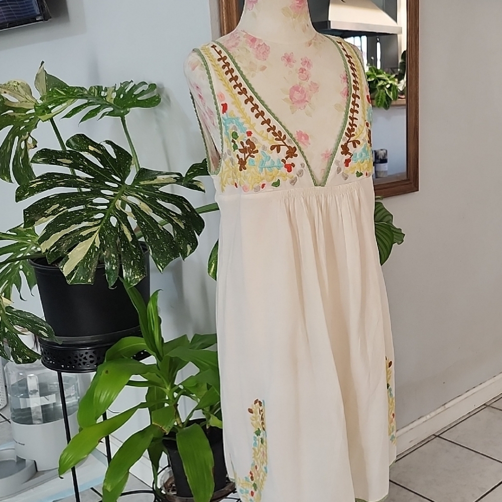 Forever 21 Cream Midi Dress with Colorful Embroidery